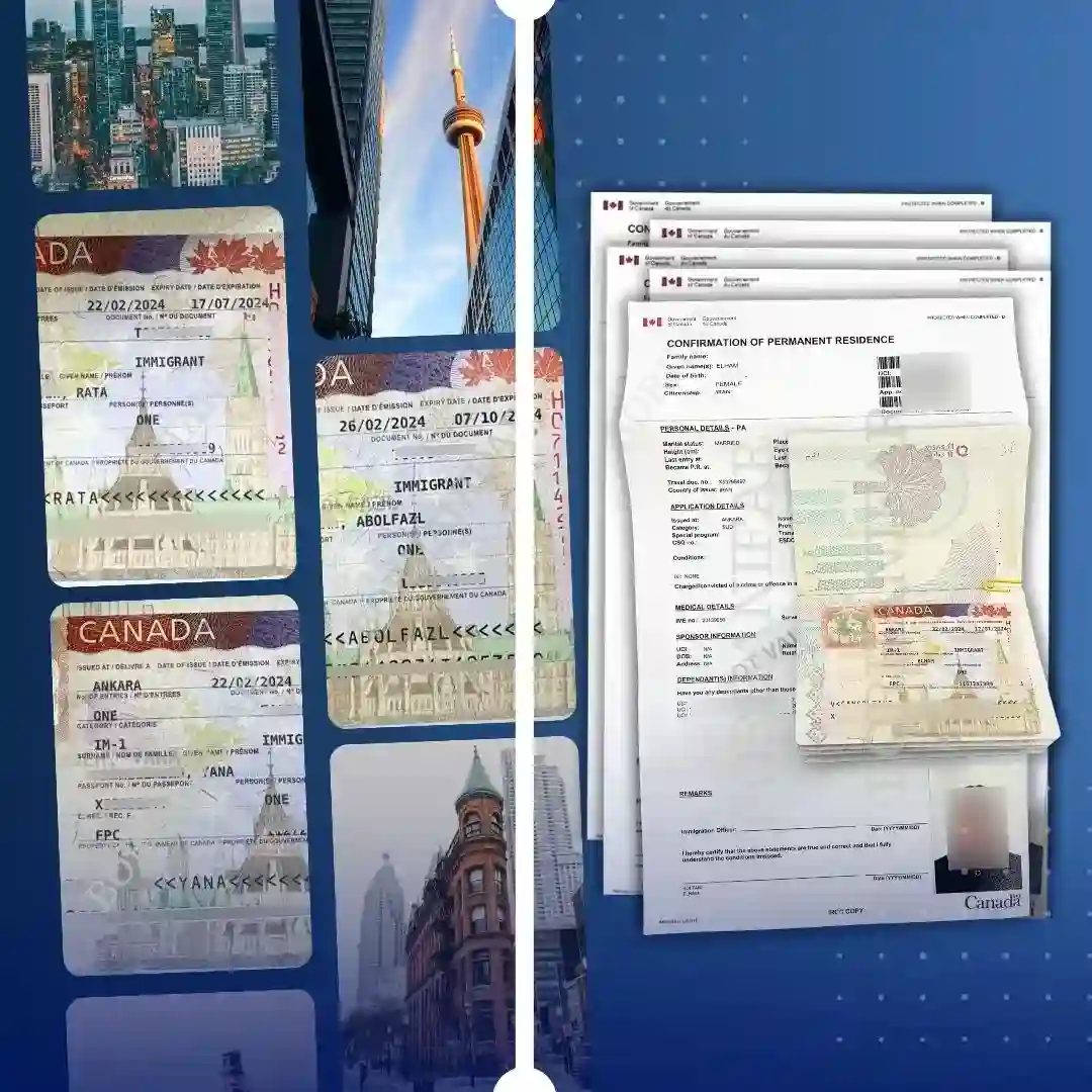 تصویری از ویزای کانادا، مدارک تایید اقامت دائم (PR) و نمایی از برج CN تورنتو، نمادی از موفقیت موکلین در دریافت استارتاپ ویزا و ویزای کار تجاری از طریق سازمان مهاجرتی برهانی‌فر